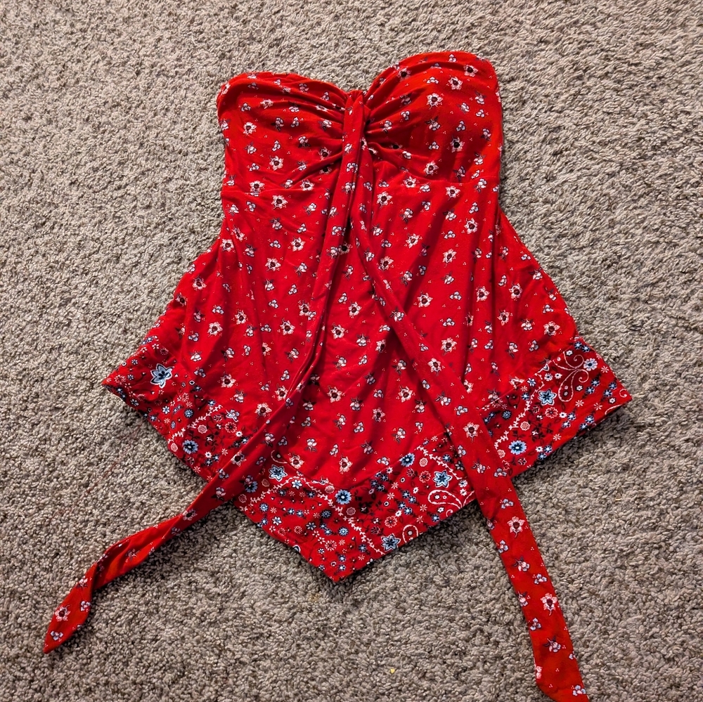 Red Floral Strapless Top